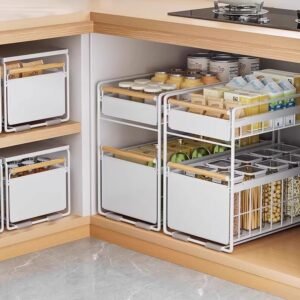 Kitchen under-sink storage rack, multi-functional spice bowl and plate pull-out storage rack, cabinet pull-out basket, and tiered rack.