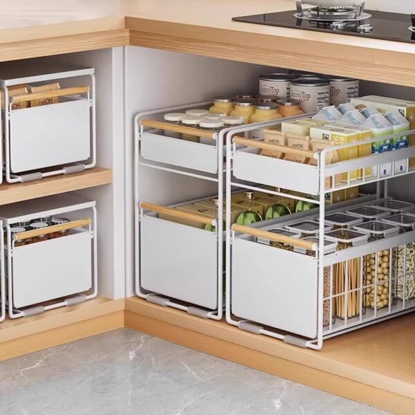 Kitchen under-sink storage rack, multi-functional spice bowl and plate pull-out storage rack, cabinet pull-out basket, and tiered rack.